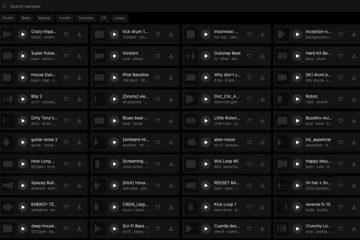 The sampled.cc library: a search box, category filters, and a grid of samples with play buttons.