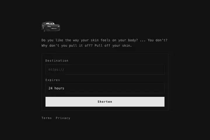 The pulloffyour.skin home page: a destination field above an expiry picker set to 24 hours.